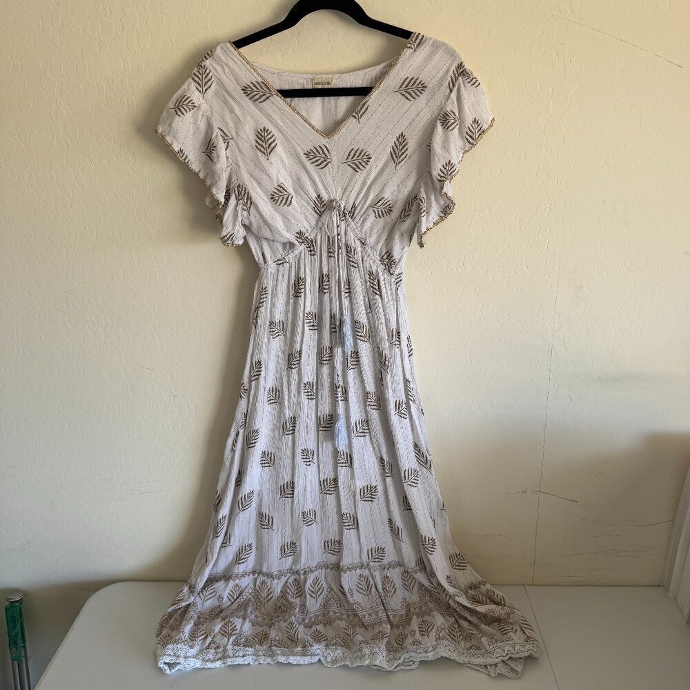 Boho Maxi Dress | Embroidered Leaf Print | Made in India | No Tag, Approx XL